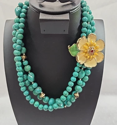 Statement Necklace Multi-Strand Plastic Green Beads Enameled Rhinestone Flower - Image 1 of 4