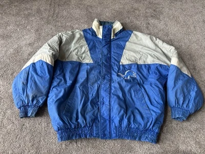Vintage Detroit Lions Jacket Coat Mens 2XL Blue Chalk Line 80s Football Quilted - Image 1 of 4