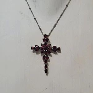 Roter Granat Edelstein Kreuz, Sterlingsilber Fassung mit 24 Zoll geknoteter Kette - Bild 1 von 4