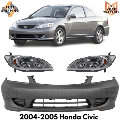 Front Bumper Cover Paintable Plastic & Headlights Kit For 2004-2005 Honda Civic Foto 1 de 4