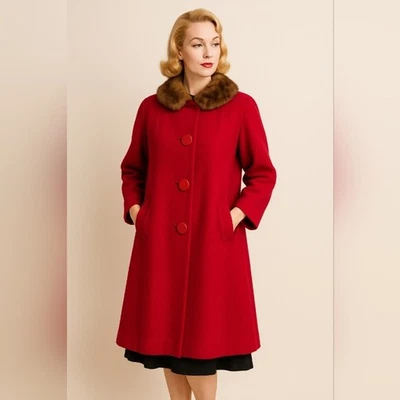 Vintage 1950s Red Wool Coat with Mink Fur Collar Mid Century Swing Style Winter - Image 1 of 4
