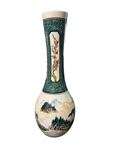 Chinese Porcelain Famille Vase Colorful Mountain Scene 23” Height Green Colors - Picture 1 of 7