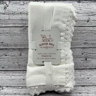 Juego de 8 servilletas de algodón Sleigh Hill vacaciones 20"x20" blanco crochet ribete Foto 1 de 4