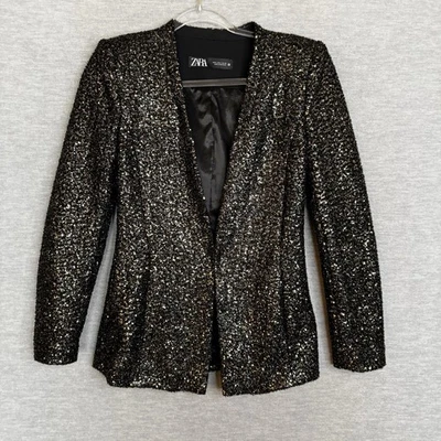 Zara Collarless Sequin Blazer Size Small Black Gold Holiday Party Womens Shimmer - Image 1 of 4