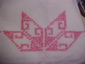 VINTAGE EMBROIDERED PILLOWCASES, PINK PARALLELOGRAMS and PINK CROCHET EDGES - Picture 1 of 3