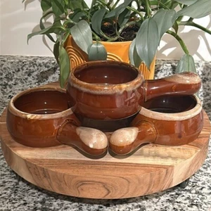 3 Vintage Brown Drip Glaze Pottery Handle Stackable Chili Onion Soup Bowls 7054 - Picture 1 of 9