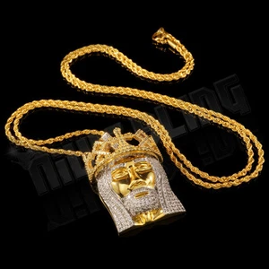18K Gold Plated JESUS PIECE Bling Out Iced Crown Pendant Rope Chain Necklace - Picture 1 of 4