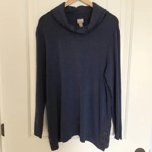 Chico's CoziSoft Cowl Neck Side Button Tunic Top Blue Size 3/Size XL/Size 16 - Picture 1 of 10