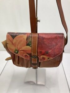 Patricia Nash Brown Multi Leather Floral Buckle Flap Crossbody Bag