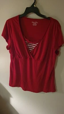 Faded Glory Mujer 2X Rayas Rojas Cuello Cami Encaje Acento Manga Gorra Foto 1 de 4