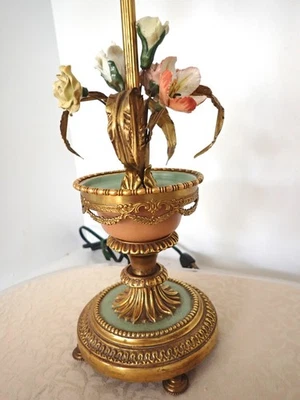 Vintage French Boudoir Bronze Porcelain Flowers Table Lamp Sage Green & Peach - Image 1 of 4