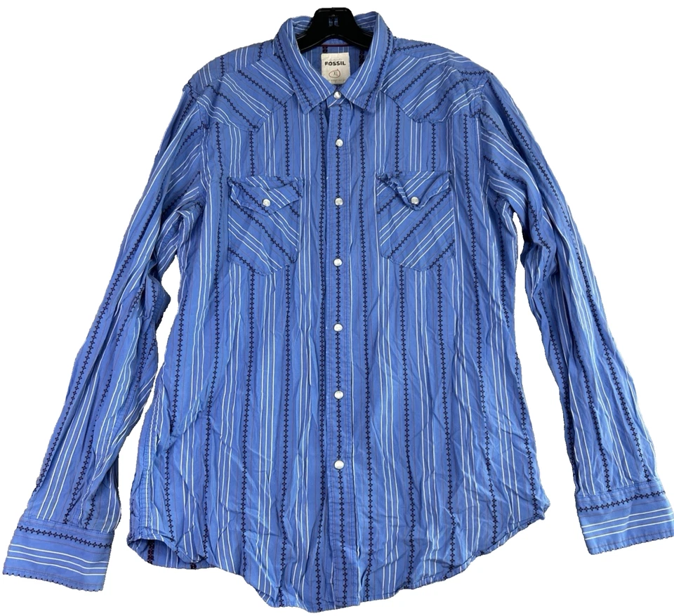 Fossil Vintage Fit Shirt XL Western Blue Brown Button Up Long Sleeve Pearl Snaps - Image 1 of 4