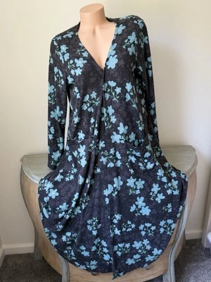 Lularoe Sarah Duster Cardigan Sweater L Gray Teal Swiss Floral Pockets Long Open - Image 1 of 4