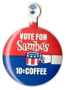 Vintage VOTE For SAMBO'S 10 Cent COFFEE - Fold Back Pin Restaurant Pinback Clip - Picture 1 of 3