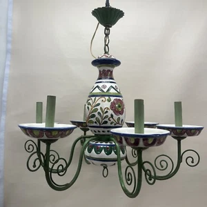 Vintage Tuscan Hand Painted Ceramic Metal Six Light Chandelier Fixture Italy WOW - Picture 1 of 10