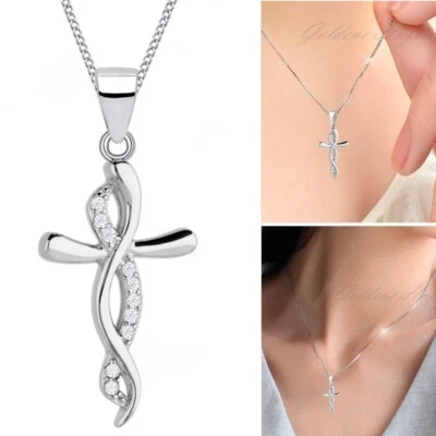 Unendlichkeit Kreuz Kette 925 Sterling Silber Diamant Zirkonia Damen Halskette - Bild 1 von 4