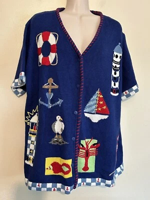 Vtg Quacker Factory Women’s Blue Beach Lighthouse Sweater Cardigan Size 1X - Image 1 of 4