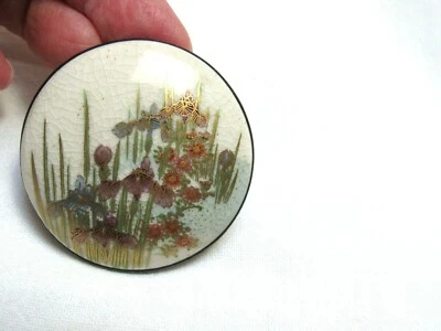 Антикварная японская серебряная пряжка 1-3/4 дюйма Сацума с ручной росписью - Изображение 1 из 4