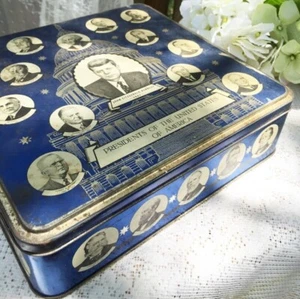 CAJA DE ESTAÑO DE COLECCIÓN DE LOS AÑOS 60 JFK KENNEDY PRESIDENTES DE EE. UU. ~ IMPORTACIONES MURAY ALLEN - Imagen 1 de 2