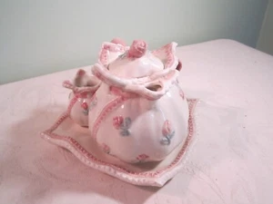 Porzellan gefaltete Serviette Rose Teekanne Set mit Milchkännchen und Zuckerdose - Vintage - Bild 1 von 13