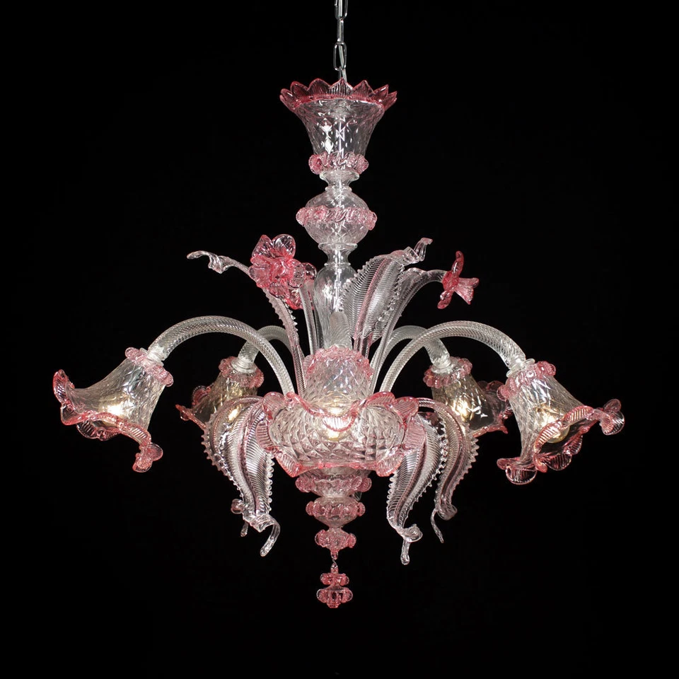 Ca' venier lustre en verre de Murano 5 lumières cristal rose - Image 1 of 1
