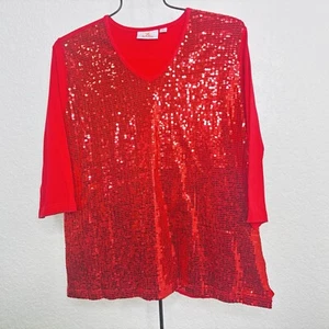 Quacker Factory Top Womens 1X Plus 3/4 Sleeve Sequin Front Scoop Neck Stretch - Picture 1 of 9