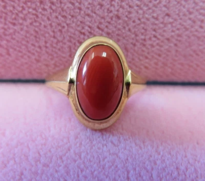 Anillo Bastante Antiguo Oro Amarillo Sólido 8k Coral Rojo Talla 5.75 / 1.49 G Foto 1 de 4