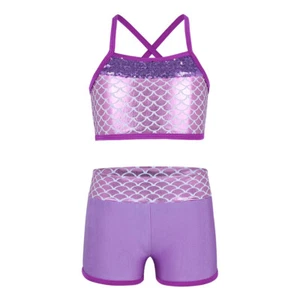 Girls Sports Dance Tracksuit Bowknot Straps Crop Top with Booty Shorts Outfit - Picture 1 of 72