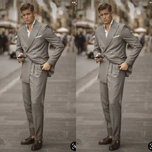 Brown Pinstriped Men's Suits Casual Double Breasted 2 Pcs Wedding Groom Tuxedos - Picture 1 of 5