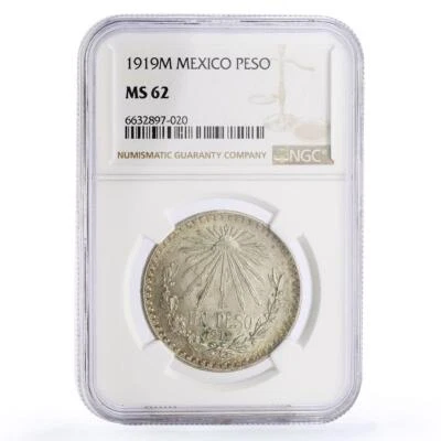 Mexico 1 peso State Coinage Coat of Arms KM-454 MS62 NGC silver coin 1919 - Image 1 of 2