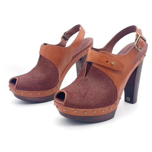Sandalo UGG Nicco pelle capelli di vitello plateau punta aperta slingback marrone taglia 8 5