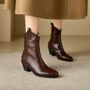 Women's 2024 Fashion Pointy Toe Zipper Block Heel Ankle Western Boots Shoes - Picture 1 of 15