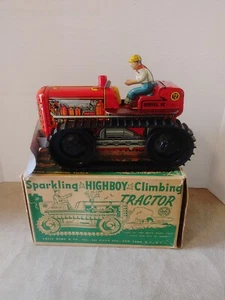 Rare Red 1940s Marx Highboy Climbing Tractor With Plow And Tin Driver Working - Picture 1 of 14