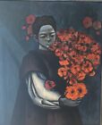 Oil Painting on Panel by Scott Asian Chinese Vietnamese Beauty with Flowers