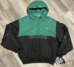 NFL Philadelphia Eagles Puffer Jacket Triple Fat Goose Hooded 90s Black/Green L - Picture 1 of 16