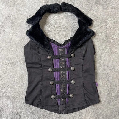 Vintage Tripp NYC Feminino L Gótico Punk Halter Espartilho Gola de Pele Sintética Preto Roxo - Imagem 1 de 4