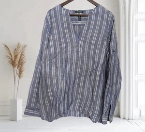 Ralph Lauren LRL 100% Linen Blouse Blue Striped Popover Top Roll Tab Sleeves XL - Picture 1 of 4