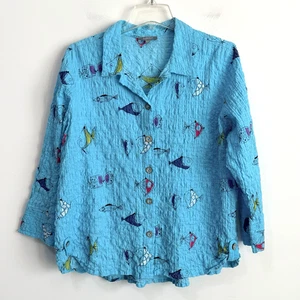 Blusa Habitat L Peces Océano Tropical Usable Arte Arrugado TURQUESA Manga 3/4 - Imagen 1 de 9