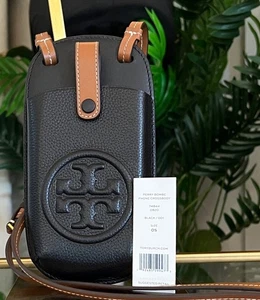 Tory Burch Perry Bombe Leather Phone Crossbody Bag Black/Brown OS - Picture 1 of 7