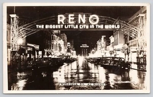 RPPC Reno Nevada NV Virginia St Night 1940s Cars Hotel Riverside 1946 Postcard - Picture 1 of 2