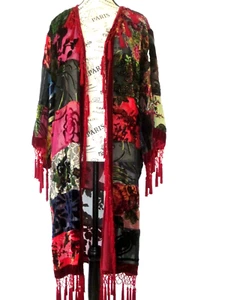 Chico's Burnout Silk Velvet Tassels & Beading Duster Size S/M GORGEOUS Vintage - Picture 1 of 10