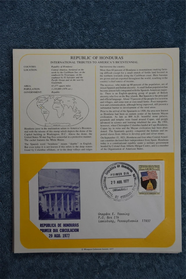 1975 Tributes to America's Bicentennial Souvenir Card - Honduras - Image 1 of 1