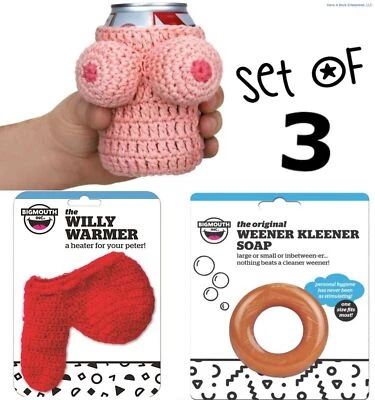 BIG MOUTH TOYS 1 Willy Warmer + 1 Knitted Boobie + 1 Weener Cleaner Soap - Gag Prank COMBO SET