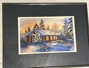 Alaska Künstler Jean Rene Druck Blockhaus Bäume Schnee Winter gerahmt 16,5” x 12,5” - Bild 1 von 6