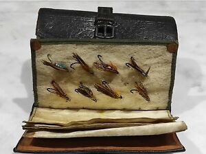 Vintage Leather Salmon Fly Wallet With several gut eyed Flies