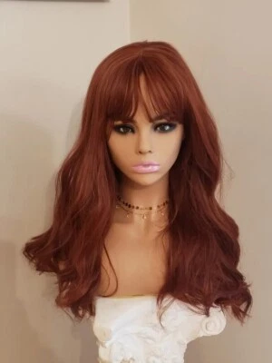 Long Wavy Curly Red Wine Dark Auburn Wig Heat Resistant Human Hair blend - Image 1 of 4