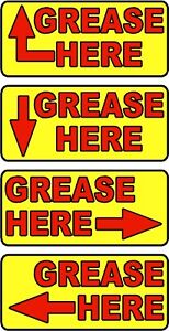GREASE HERE (ARROW) Label sticker decals - 20 decals per package - Red or Yellow