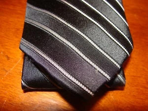 GEORGE ~ 100% Men’s Silk Tie ~ Black~Slate~White~ Striped~ 3.25”wide ~ - Picture 1 of 5