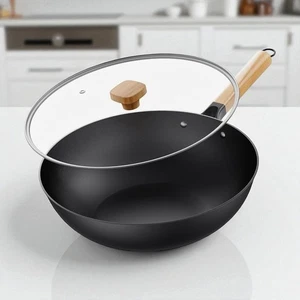 Carbon Steel Wok Jobin Non Stick Pre Seasoned Woks 30cm Glass Lid Induction Home - Picture 1 of 8