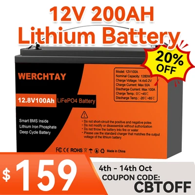 12V 100Ah Lithium Battery Iron LiFePO4 BMS Phosphate Rechargeable Camping RV 4WD - image 1 of 4